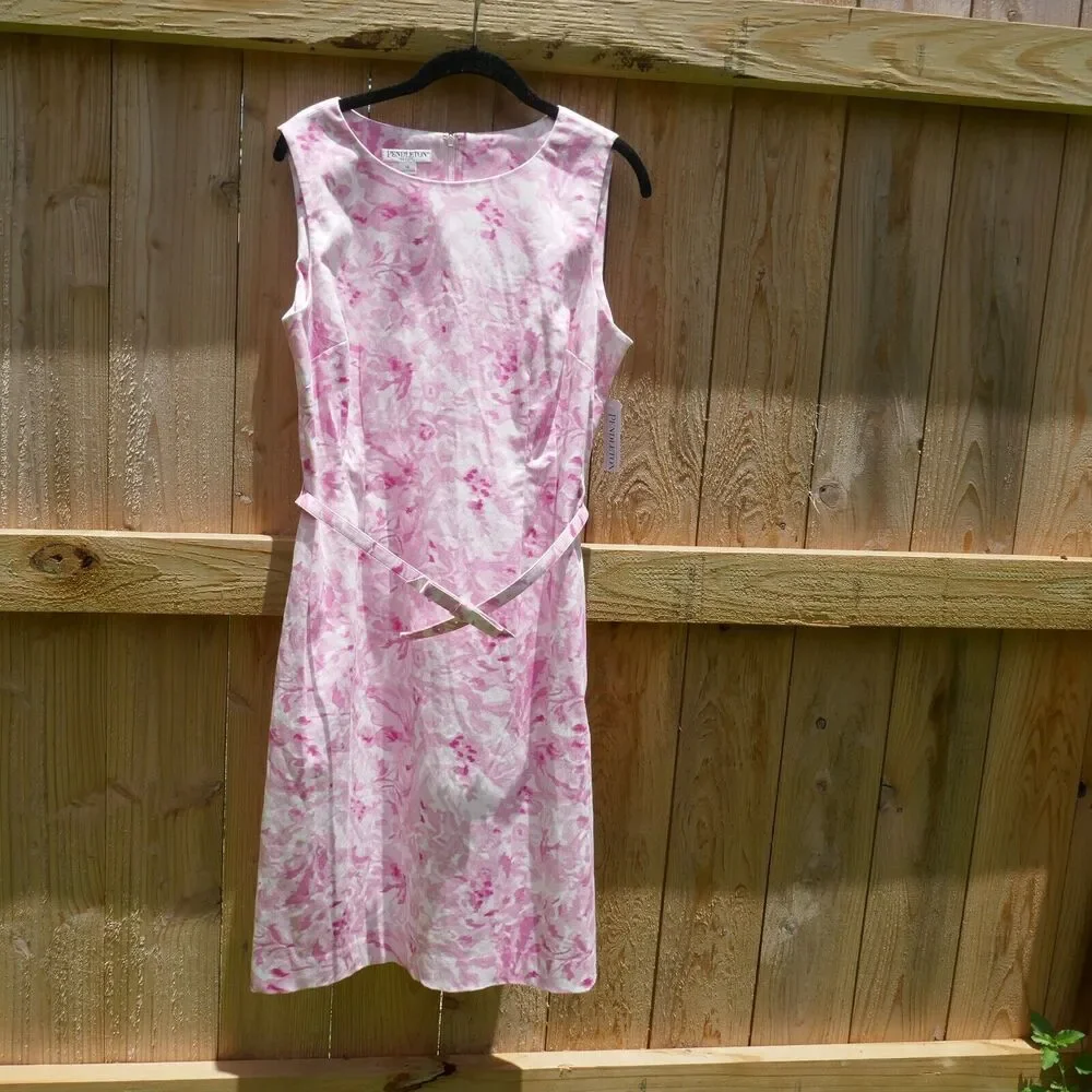 Pendleton Sleeveless Sheath Dress Pink Floral Belted Cotton Spandex NWT 14P - Picture 1 of 6